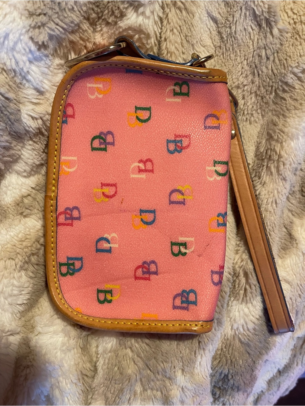 Dooney & Bourke Pink Multicolor DB Logo Wristlet with Tan Trim - Picture 7 of 13